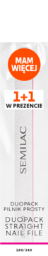 Pionowo ustawiony dwupak prostych pilników Semilac 180/240, biały z różową linią, z promocją 1+1 W PREZENCIE.