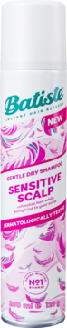 Batiste Sensitive Scalp suchy szampon 200ml, biała butelka z różowo-turkusowym wzorem piór, widok z przodu.