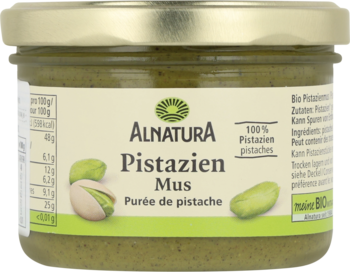 Alnatura bio pasta pistacjowa, 100% mus z prażonych pistacji w szklanym słoiku, zielona etykieta.
