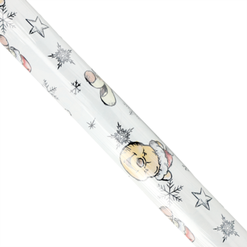 Biały papier prezentowy w świąteczne wzory: Misiu Puchatek w czapce Mikołaja, śnieżynki, gwiazdki, cukierki.