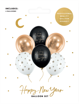 Zestaw balonów Happy New Year w opakowaniu: 2 czarne z napisem, 2 białe w gwiazdki, 2 metaliczne złote.