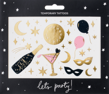 Zestaw zmywalnych tatuaży New Year's Eve mix wzorów: złote gwiazdy, księżyce, szampan, maski, balony.