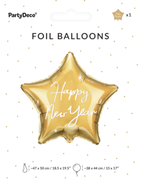 Złoty foliowy balon gwiazdka z białym napisem 'Happy New Year' w opakowaniu PartyDeco, widok z przodu.