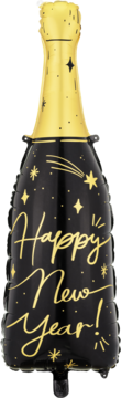 Czarno-złoty balon foliowy w kształcie butelki szampana z napisem "Happy New Year!" i złotymi gwiazdkami, widok z przodu.