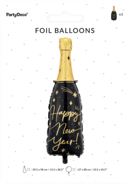Czarno-złoty balon foliowy w kształcie butelki z napisem Happy New Year, widok z przodu w opakowaniu.