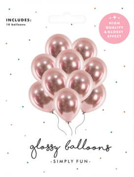 Opakowanie 10 różowozłotych, błyszczących balonów glossy, z napisem 'SIMPLY FUN', widok z przodu.
