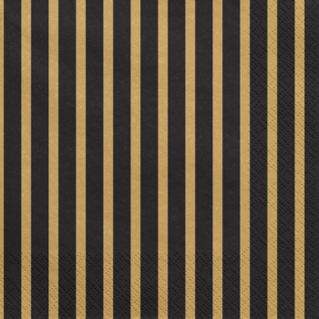 Serwetki papierowe czarne ze złotymi pionowymi paskami, widok całego eleganckiego wzoru z bliska, na wprost.