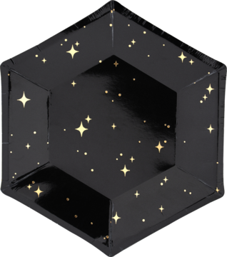 Czarne, sześciokątne talerzyki papierowe Let's Celebrate ze złotymi gwiazdkami, widok z góry.