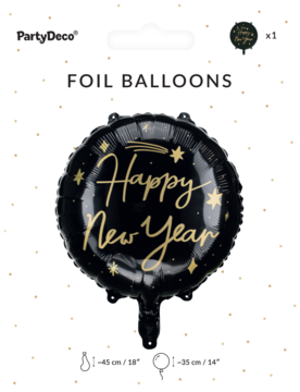 Czarny balon foliowy Happy New Year ze złotym napisem i gwiazdkami, okrągły, widok na opakowaniu.