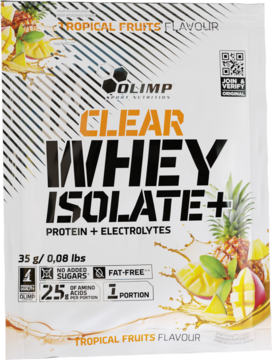 Olimp Clear Whey Isolate+ Tropical Fruits, 35g proszek białkowy z elektrolitami, biała saszetka, front.