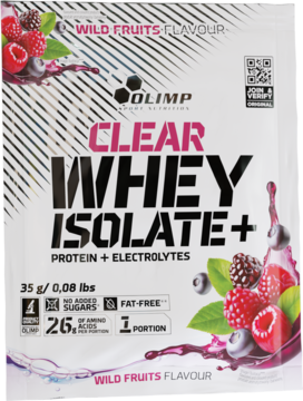 Biała saszetka Olimp Clear Whey Isolate+ Wild Fruits (35g) z owocami leśnymi, protein + elektrolity.