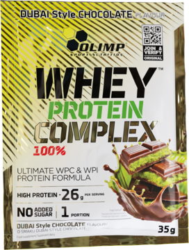 Olimp Whey Protein Complex 100%, saszetka 35g o smaku Dubai Style Chocolate, żółto-czarne opakowanie, widok z przodu.
