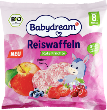 Różowa paczka Babydream Wafle Ryżowe Czerwone Owoce, gluten-free, dla niemowląt od 8 miesiąca. Przód opakowania.