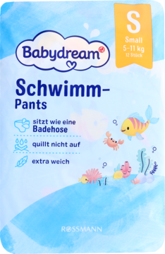 Front opakowania Babydream Schwimm-Pants S, 5-11kg, biało-niebieskie z morskimi stworzeniami, pieluchomajtki do pływania.