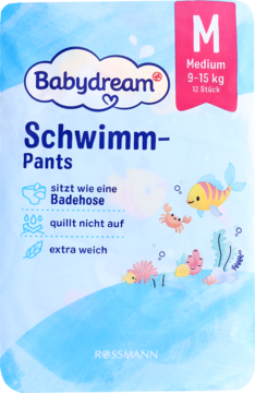 Front opakowania Babydream Schwimm-Pants M (9-15 kg) pieluchomajtek do pływania, błękitne z grafiką podwodnego świata.