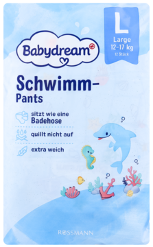 Babydream Schwimm-Pants L (12-17 kg), opakowanie 12 szt. z delfinem, dopasowane, niepęczniejące.