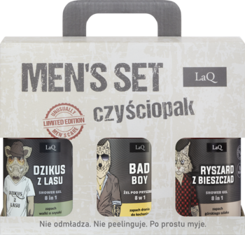 LAQ Czyściopak ,zestaw dla mężczyzn, 3 x żel pod prysznic 8w1: Dzikus z Lasu + Bad Boy + Ryszard z Bieszczad,przód