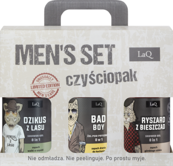 LaQ Men's Set: 3 żele pod prysznic (Dzikus, Bad Boy, Ryszard) w opakowaniu prezentowym, widok z przodu.