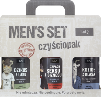 LAQ Czyściopak ,zestaw dla mężczyzn, 3 x żel pod prysznic w1: Dzikus z Lasu + Zapach Seksu i Biznesu + Kozioł z Klasą,przód