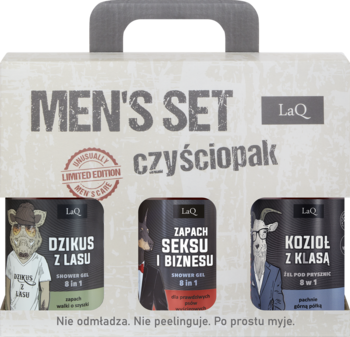 LaQ Men's Set, wegański zestaw 3 żeli pod prysznic: Dzikus z Lasu, Zapach Seksu i Biznesu, Kozioł z Klasą.