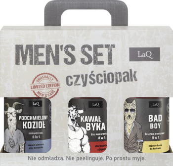 LAQ Czyściopak ,zestaw dla mężczyzn, 3 x żel pod prysznic 8w1: Podchmielony Kozioł + Kawał Byka + Bad Boy.,przód
