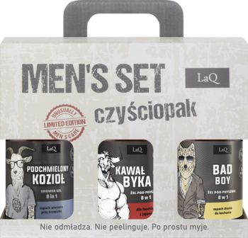 Zestaw LaQ MEN'S SET czyściopak z 3 żelami 8w1: Podchmielony Kozioł, Kawał Byka, Bad Boy. Widok z przodu.