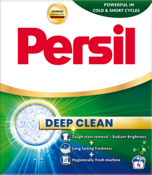 Proszek Persil Deep Clean, opakowanie zielono-białe, czerwone logo, skuteczny w niskiej temperaturze i krótkim cyklu prania.