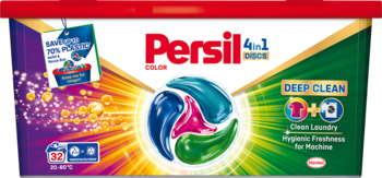 Persil 4in1 Discs Color, 32 kapsułki do prania Deep Clean. Opakowanie z trzema barwnymi dyskami, widok z przodu.