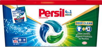 Opakowanie Persil 4in1 DISCS Universal 32 WL z koncentratem, niebiesko-zielone kapsułki na promienistym tle.