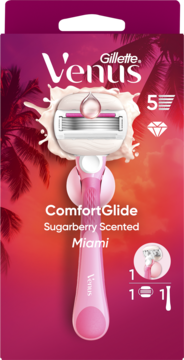 Gillette Venus ComfortGlide Miami Sugarberry maszynka, różowa, 5 ostrzy, w opakowaniu z palmami, widok z przodu.