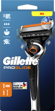 Gillette ProGlide maszynka FlexBall z 5 ostrzami, 1 uchwyt i 1 wkład, w niebieskim opakowaniu. Widok z przodu.