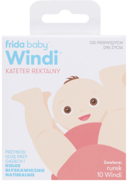 Frida Baby Windi Kateter Rektalny na gazy i kolkę, białe pudełko z uśmiechniętym dzieckiem, zawiera 10 rurek.