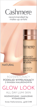 Cashmere Podkład Wypełniający Glow Look Natural z kwasem hialuronowym. Butelka, beżowy swatch.
