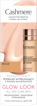 Cashmere Glow Look podkład rozświetlający Beige z kwasem hialuronowym, butelka i swatch, widok z przodu.
