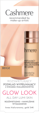 Cashmere Glow Look podkład rozświetlający Beige z kwasem hialuronowym, butelka i swatch, widok z przodu.