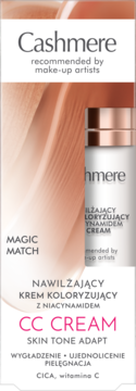 Cashmere CC Cream z niacynamidem i witaminą C, krem Skin Tone Adapt Magic Match, w jasnym opakowaniu.