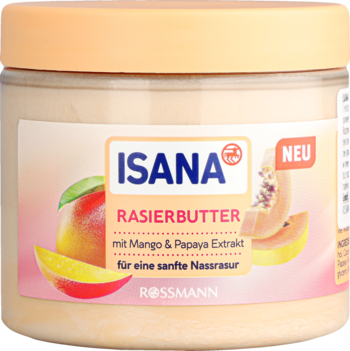 ISANA Rasierbutter z ekstraktem z mango i papai do golenia na mokro, w beżowym słoiku, widok z przodu.