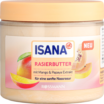 ISANA Rasierbutter z ekstraktem z mango i papai do golenia na mokro, w beżowym słoiku, widok z przodu.