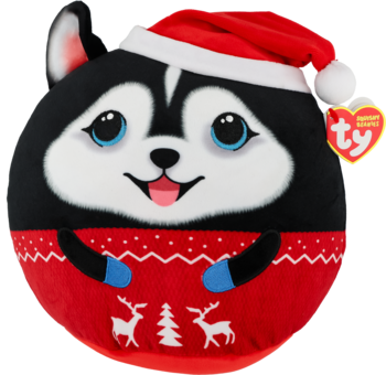 Puszysta maskotka husky w czapce Mikołaja i czerwonym swetrze z reniferami, okrągła, z metką Ty.