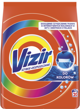 Vizir proszek do prania kolorów w pomarańczowym opakowaniu, logo, ikona koszulki, 20 prań, widok z przodu.