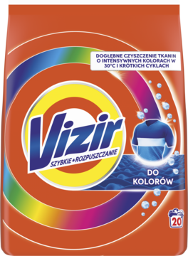Vizir proszek do prania kolorów w pomarańczowym opakowaniu, logo, ikona koszulki, 20 prań, widok z przodu.