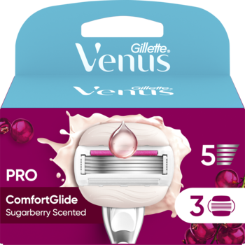 Front różowo-turkusowego opakowania Gillette Venus ComfortGlide Sugarberry PRO. Trzy wkłady z 5 ostrzami, paski SkinCushion™.