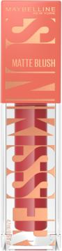 Maybelline New York Matte Blush w przezroczystej tubce z koralową nakrętką i różowym płynem, widoczne logo SS.