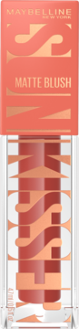Maybelline New York Matte Blush, płynny, coralowy odcień, w butelce ze złotym geometrycznym wzorem, widok z przodu.