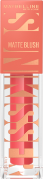 Matowy róż w płynie Maybelline New York, brzoskwiniowy odcień, widoczny przezroczysty aplikator, napis BLUSH.