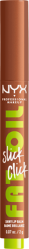 NYX Fat Oil Slick Click balsam do ust, brązowy sztyft z zielonym napisem 'FAT OIL', widok z przodu.