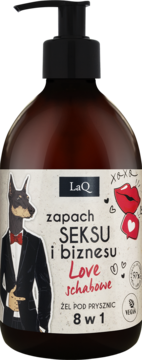 LaQ żel pod prysznic Love Schabowe 8w1, brązowa butelka z czarną pompką, etykieta z psem w garniturze i ustami.