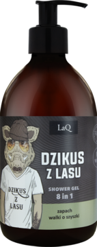 Żel LaQ Dzikus z Lasu 8w1, brązowa butelka z czarną pompką, etykieta z rysunkiem dzika w okularach i czapce.