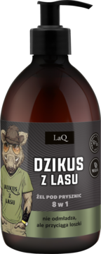 Męski żel LaQ Dzikus z Lasu 8w1, brązowa butelka z pompką, etykieta z dzikiem w okularach, widok z przodu.