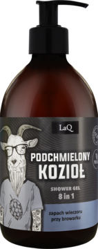 Brązowa butelka żelu LaQ Podchmielony Kozioł 8w1 z kozłem w okularach i czarną pompką, widok z przodu.